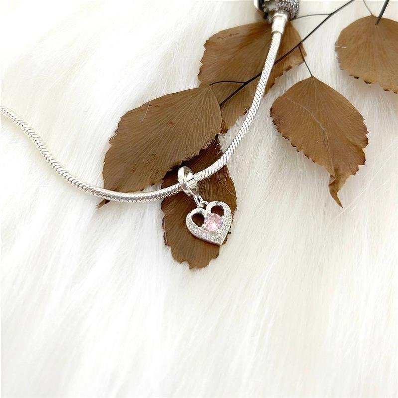  BERLOQUE PRATA 925 CORAÇÃO CRAVEJADO E PEDRA ROSA