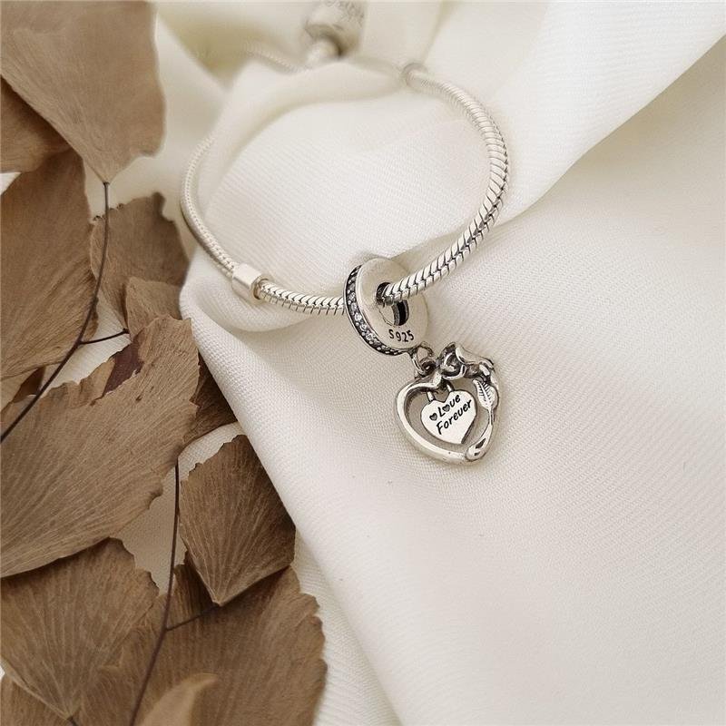 BERLOQUE PRATA 925 CORAÇÃO E ROSA LOVE FOREVER