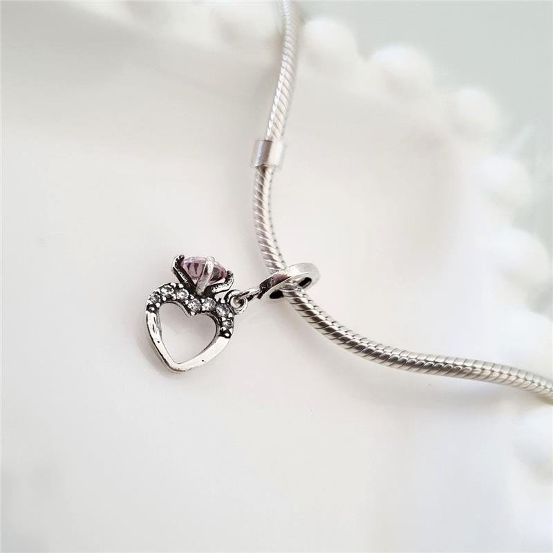 BERLOQUE PRATA 925 CORAÇÃO PEDRA TIPO DIAMANTE ROSA