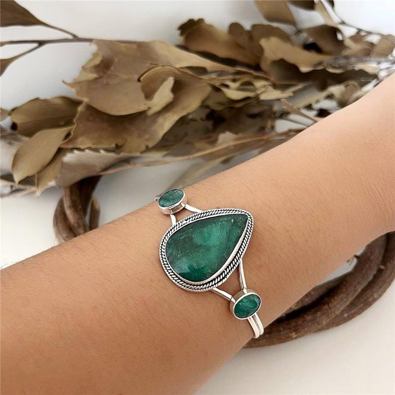 BRACELETE PRATA 925 ABERTO GOTA ESMERALDA