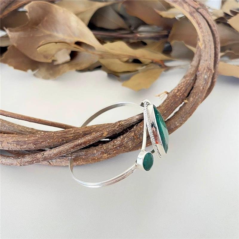 BRACELETE PRATA 925 ABERTO GOTA ESMERALDA