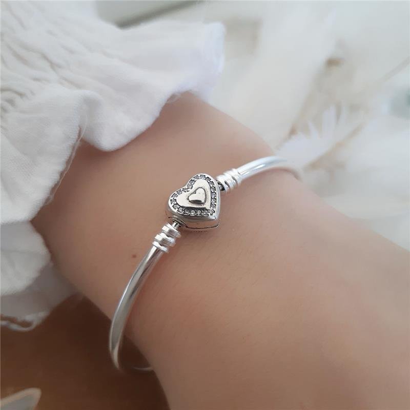 BRACELETE PRATA 925 FECHO CORAÇÕES COM PEDRA