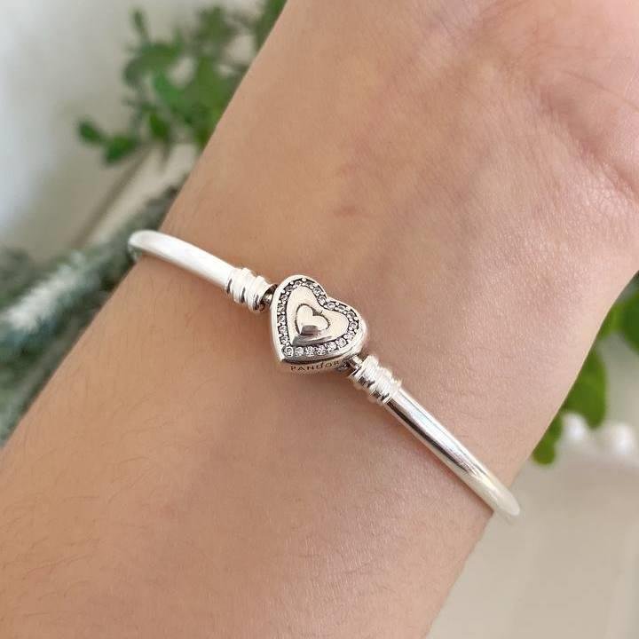 BRACELETE PRATA 925 FECHO CORAÇÕES COM PEDRA