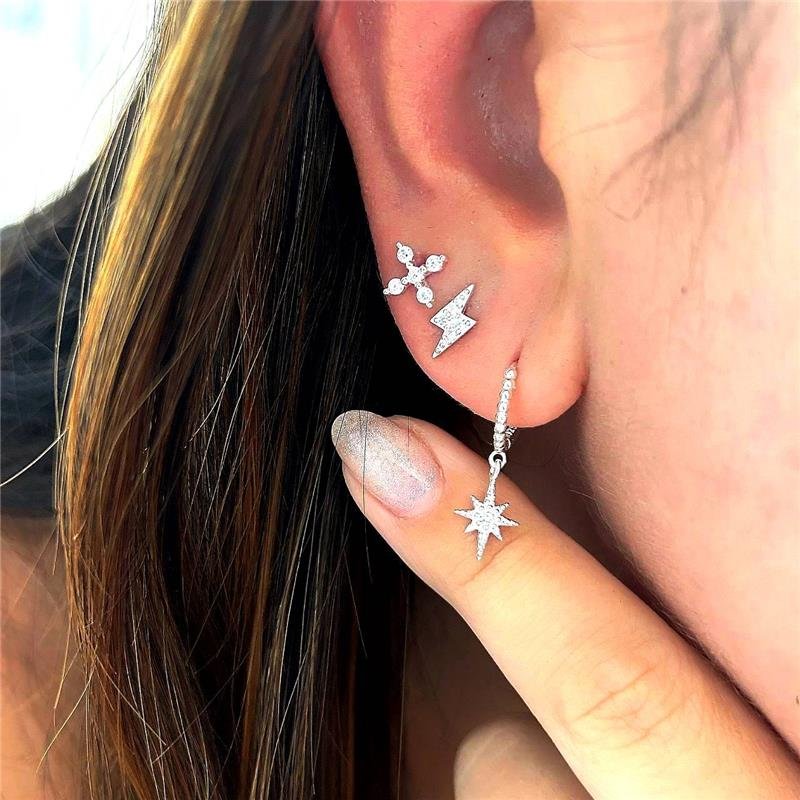 BRINCO PRATA 925 ARGOLA COM ESTRELA CRAVEJADA