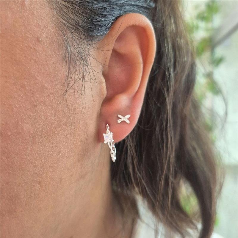 BRINCO PRATA 925 ARGOLA CORRENTE ZIRCÔNIA QUADRADA