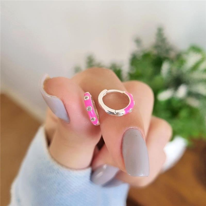 BRINCO PRATA 925 ARGOLA ROSA COM PEDRA