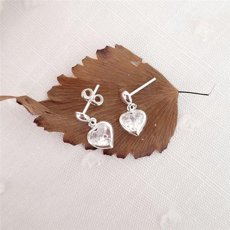 BRINCO PRATA 925 BOLINHA CORAÇÃO PEDRA PENDURADO 