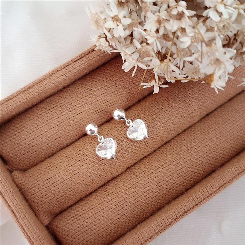 BRINCO PRATA 925 BOLINHA CORAÇÃO PEDRA PENDURADO 