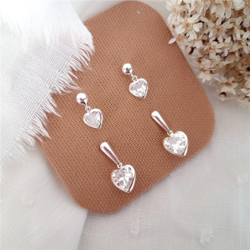 BRINCO PRATA 925 BOLINHA CORAÇÃO PEDRA PENDURADO 