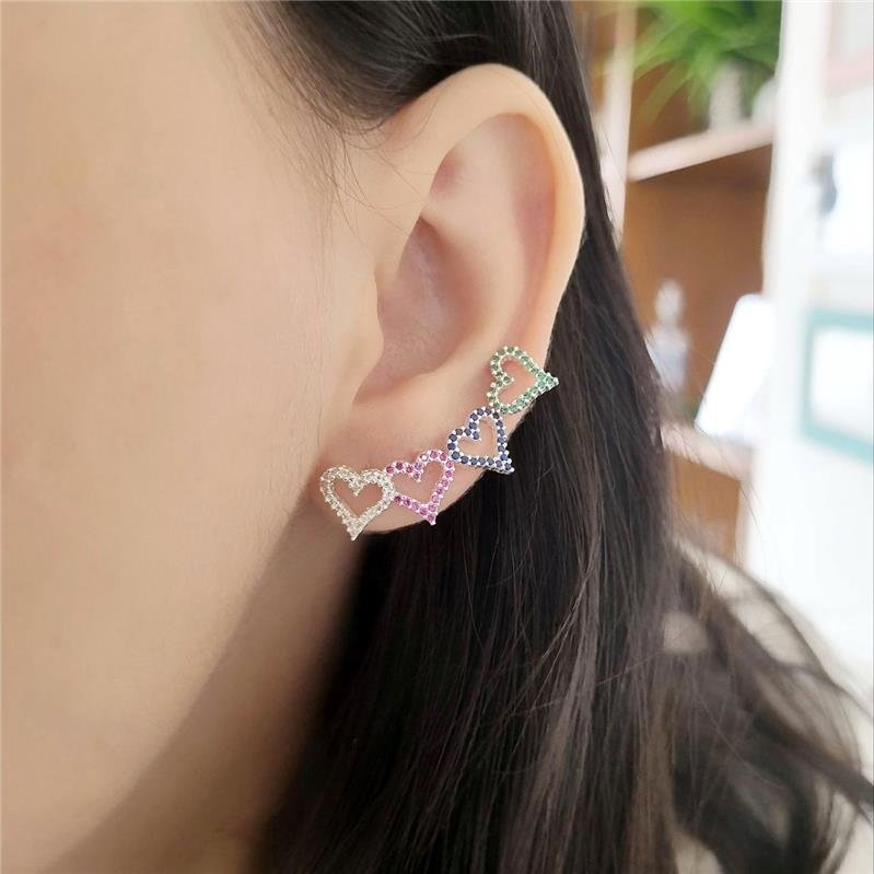 BRINCO PRATA 925 CORAÇÃO PEDRA COLORIDAS