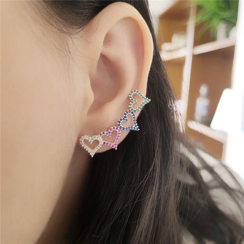 BRINCO PRATA 925 CORAÇÃO PEDRA COLORIDAS