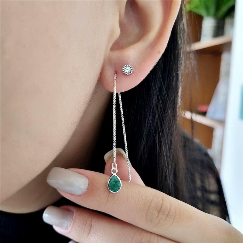 BRINCO PRATA 925 CORRENTE GOTA PEDRA NATURAL