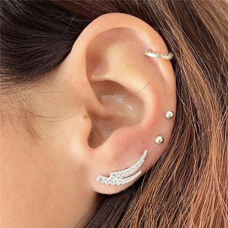 BRINCO PRATA 925 EAR CUFF DUPLO 2 PONTAS CRAVEJADAS