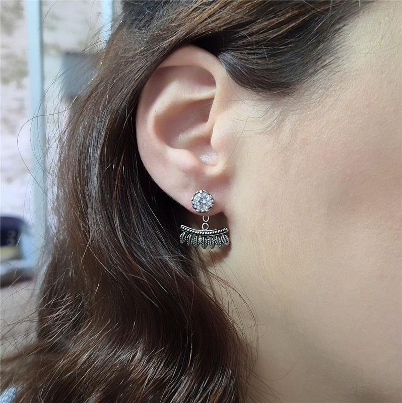 BRINCO PRATA 925 EAR JACKET PONTO LUZ COM PENAS