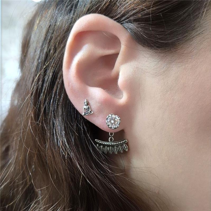 BRINCO PRATA 925 EAR JACKET PONTO LUZ COM PENAS