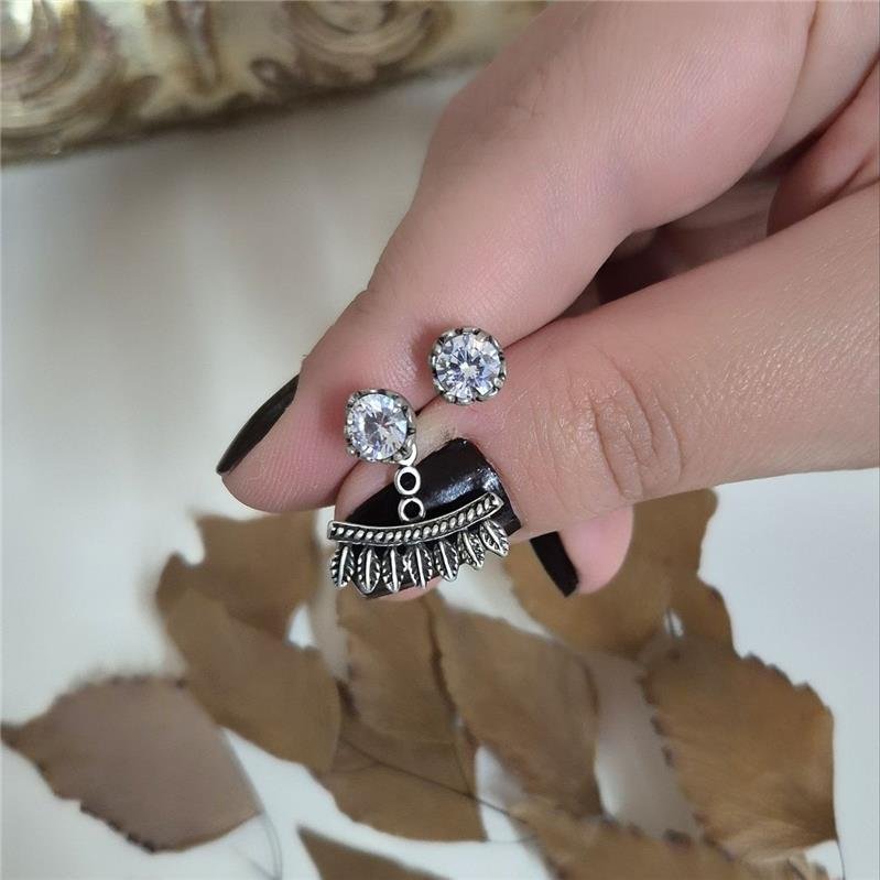 BRINCO PRATA 925 EAR JACKET PONTO LUZ COM PENAS