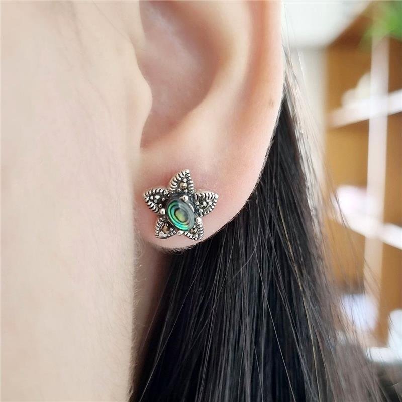 BRINCO PRATA 925 FLOR ESTRELA PEDRA NATURAL