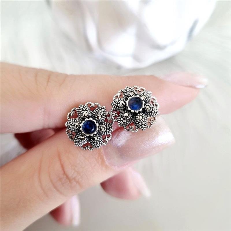 BRINCO PRATA 925 FLOR TRABALHADA PEDRA NATURAL