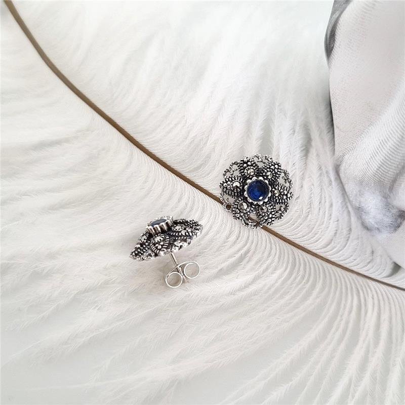 BRINCO PRATA 925 FLOR TRABALHADA PEDRA NATURAL