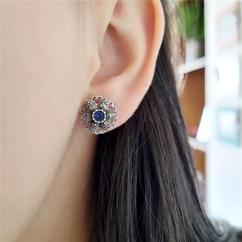 BRINCO PRATA 925 FLOR TRABALHADA PEDRA NATURAL