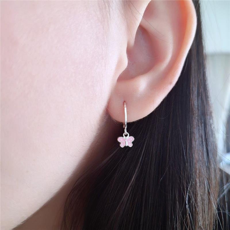 BRINCO PRATA 925 INFANTIL ARGOLINHA CLICK PINGENTE BORBOLETA ROSA