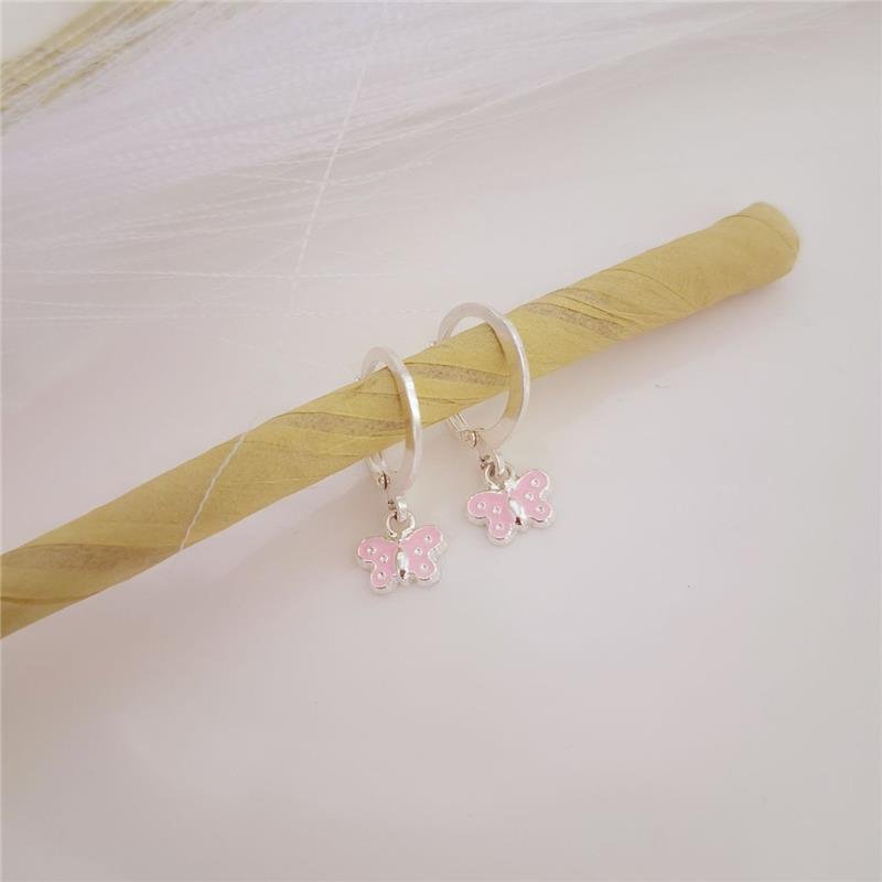 BRINCO PRATA 925 INFANTIL ARGOLINHA CLICK PINGENTE BORBOLETA ROSA