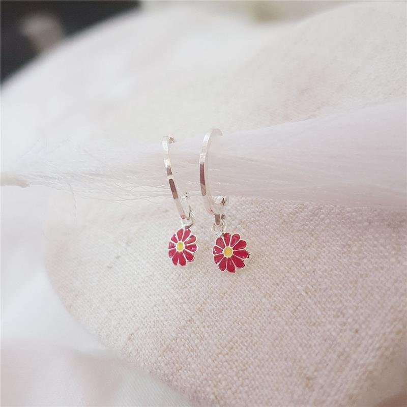 BRINCO PRATA 925 INFANTIL ARGOLINHA CLICK PINGENTE FLOR COLORIDA