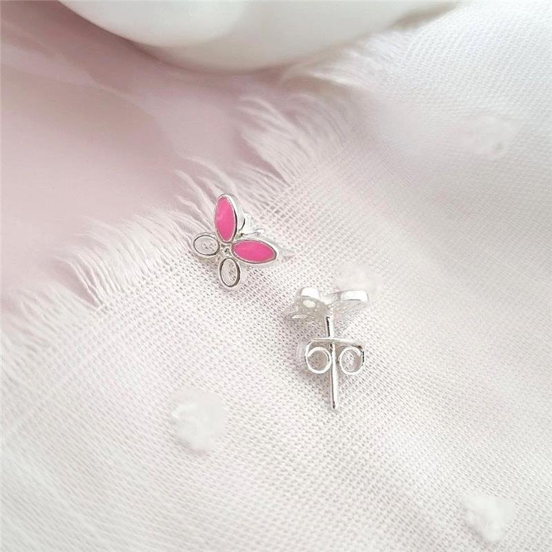 BRINCO PRATA 925 INFANTIL BORBOLETA ROSA