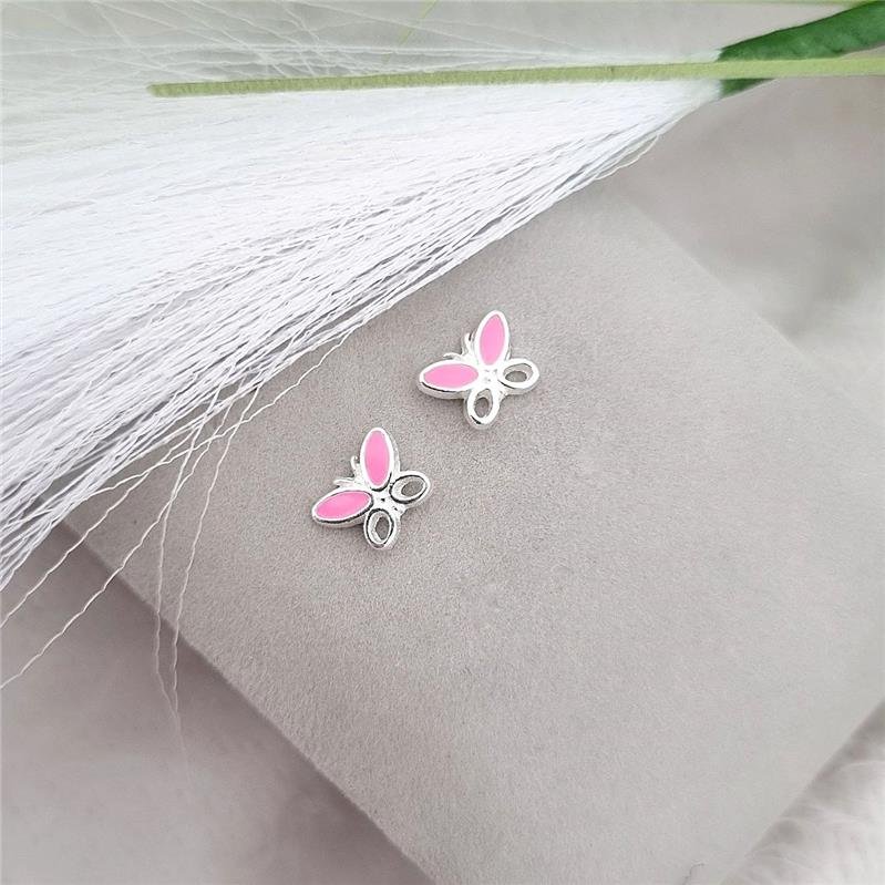 BRINCO PRATA 925 INFANTIL BORBOLETA ROSA
