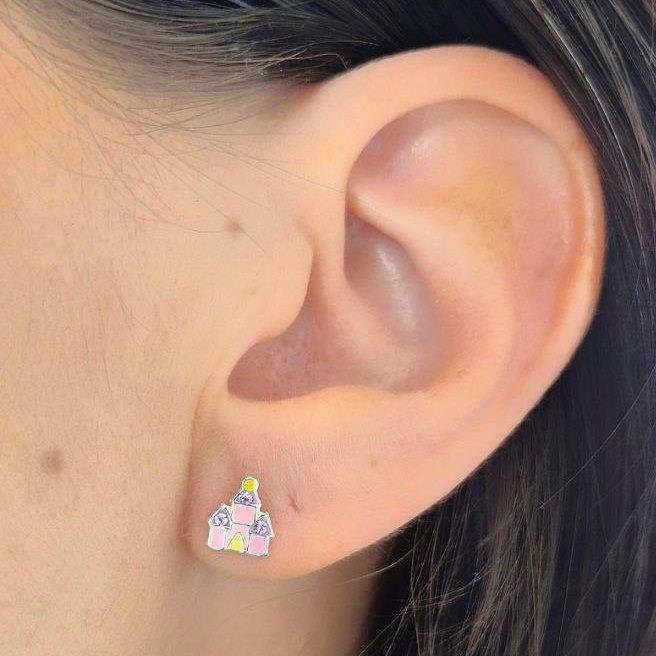 BRINCO PRATA 925 INFANTIL CASTELO ROSA ZIRCONIAS