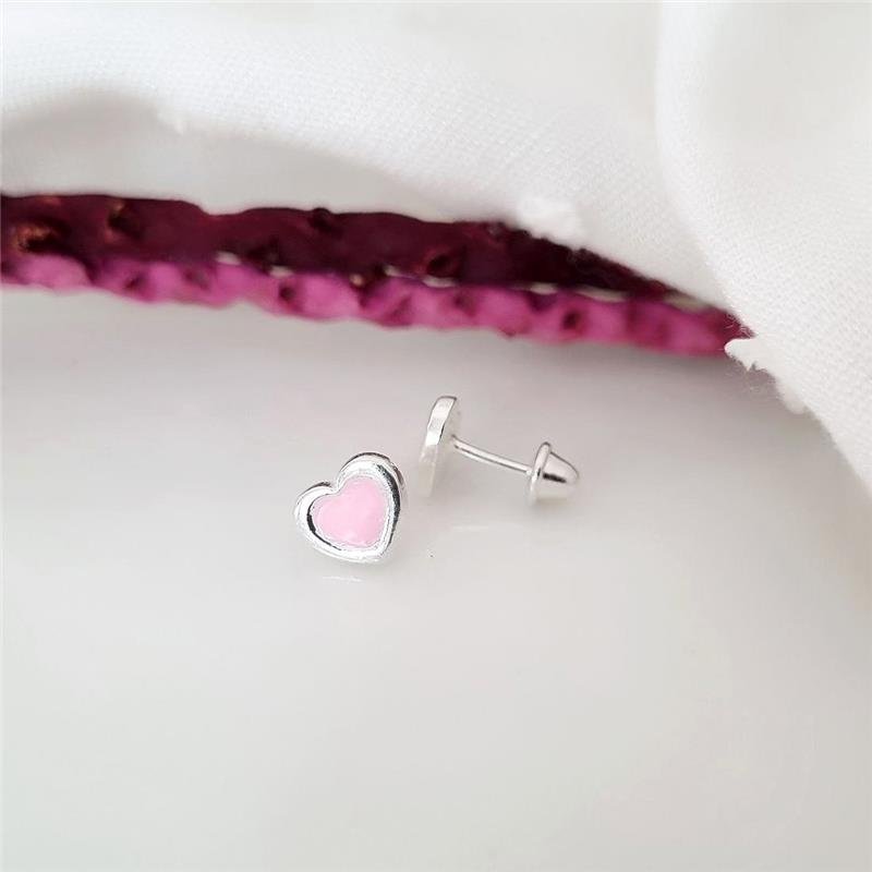 BRINCO PRATA 925 INFANTIL CORAÇÃO ROSA