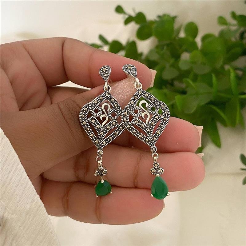 BRINCO PRATA 925 PENDURADO ARABESCOS COM PEDRA PENDURADA