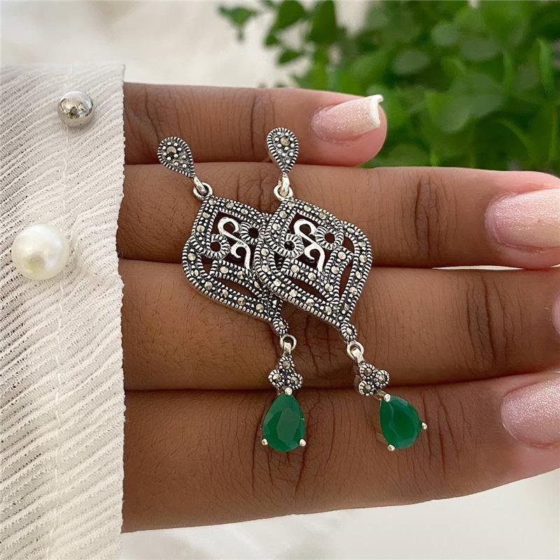 BRINCO PRATA 925 PENDURADO ARABESCOS COM PEDRA PENDURADA