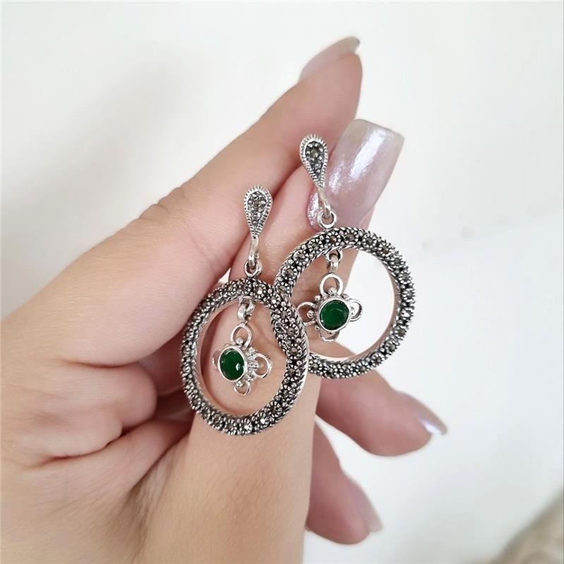 BRINCO PRATA 925 PENDURADO CÍRCULO FLOR PEDRA