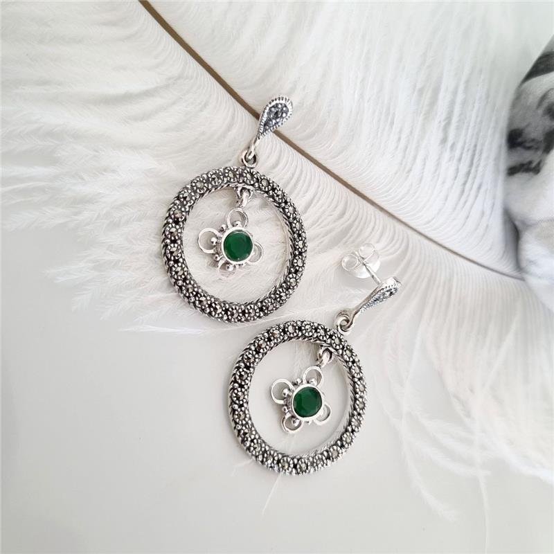 BRINCO PRATA 925 PENDURADO CÍRCULO FLOR PEDRA