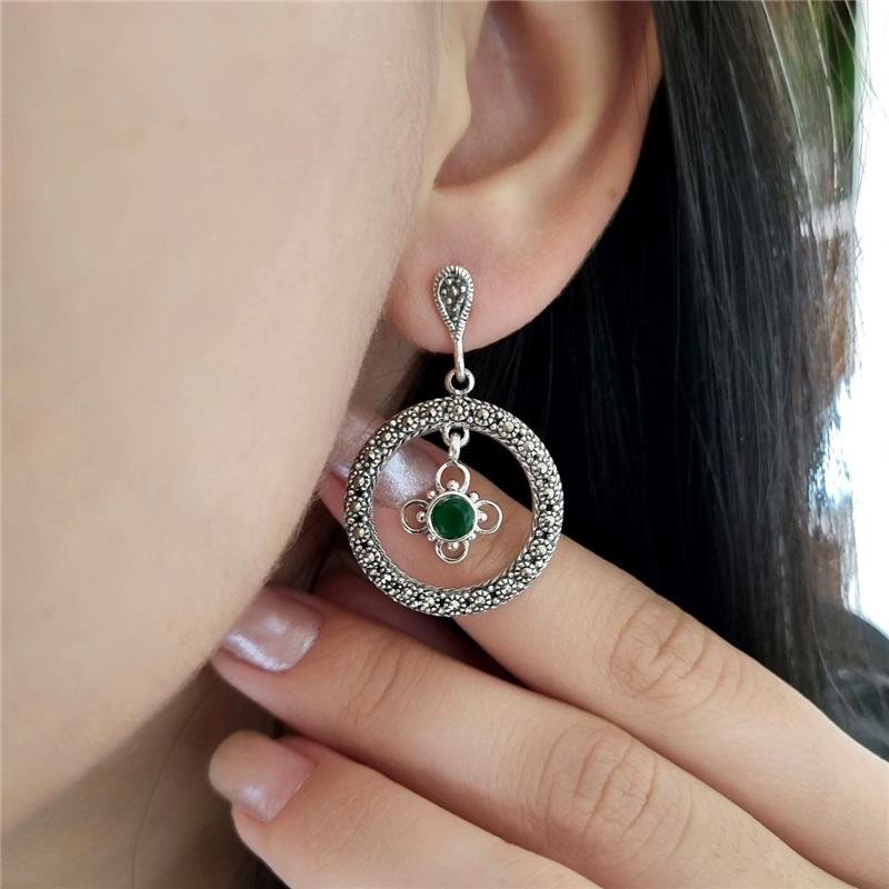 BRINCO PRATA 925 PENDURADO CÍRCULO FLOR PEDRA