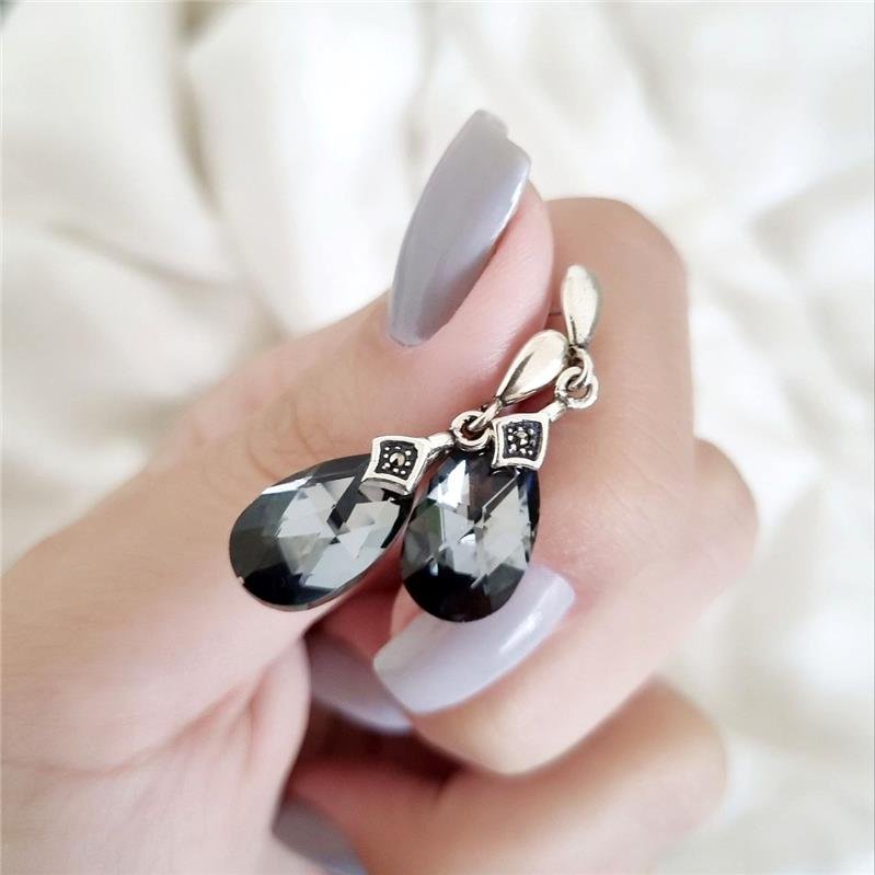 BRINCO PRATA 925 PENDURADO GOTA CRISTAL PRETO