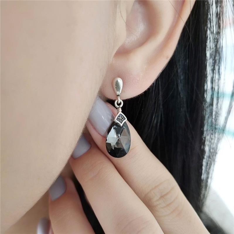 BRINCO PRATA 925 PENDURADO GOTA CRISTAL PRETO