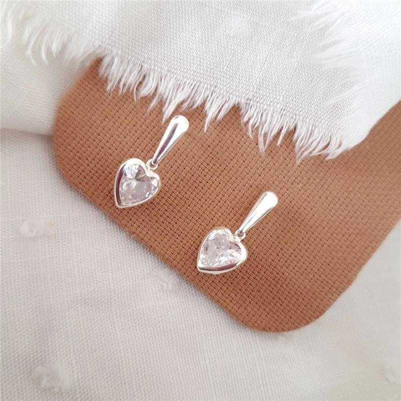 BRINCO PRATA 925 PENDURADO HASTE PEDRA CORAÇÃO