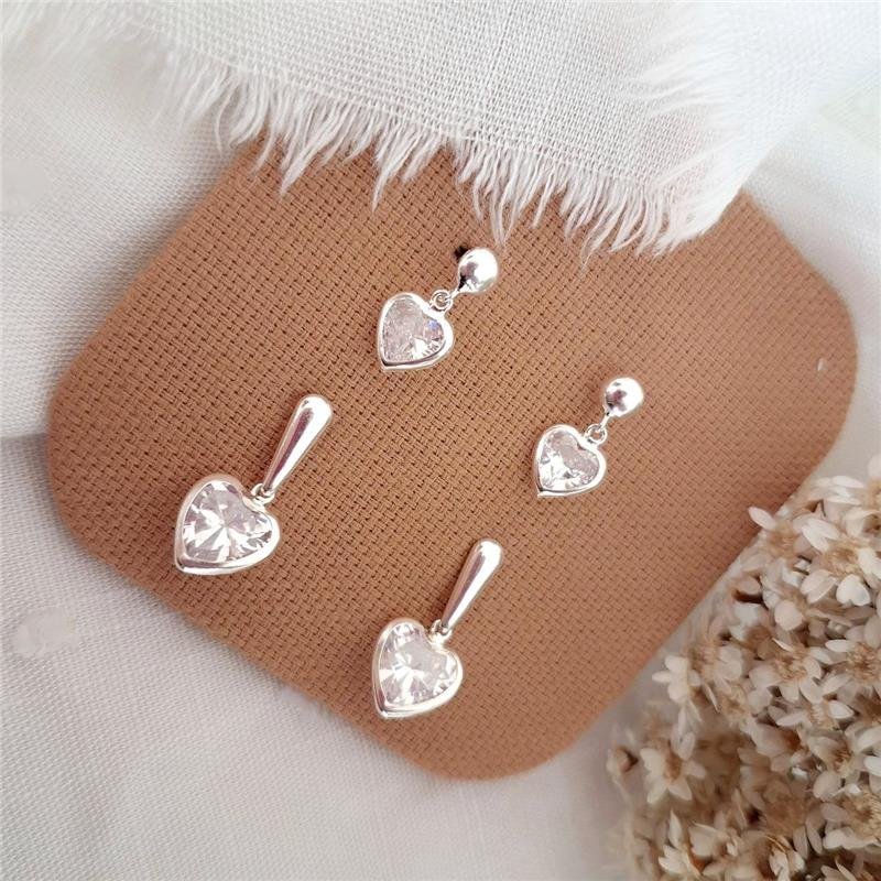 BRINCO PRATA 925 PENDURADO HASTE PEDRA CORAÇÃO