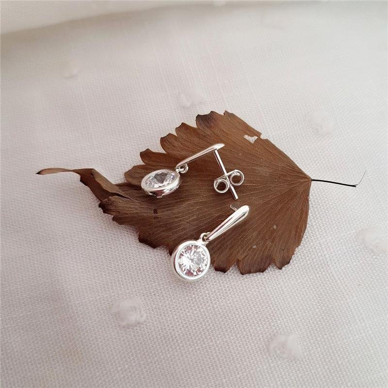 BRINCO PRATA 925 PENDURADO BARRA PEDRA REDONDA