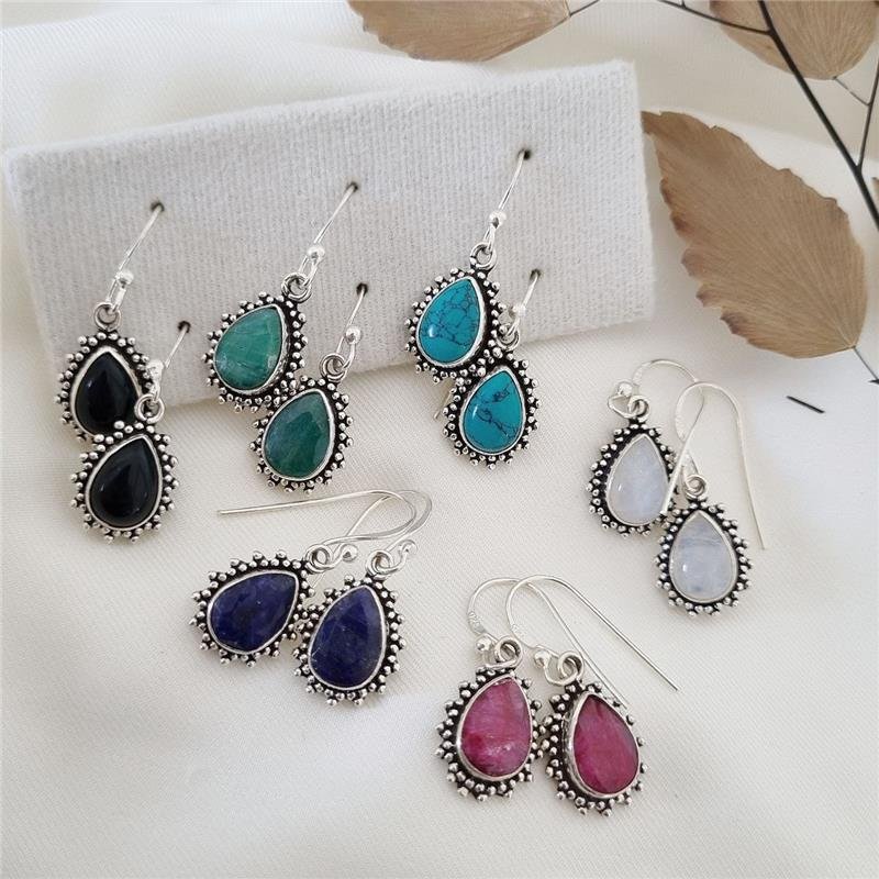 BRINCO PRATA 925 PENDURADO PEDRA NATURAL GOTA