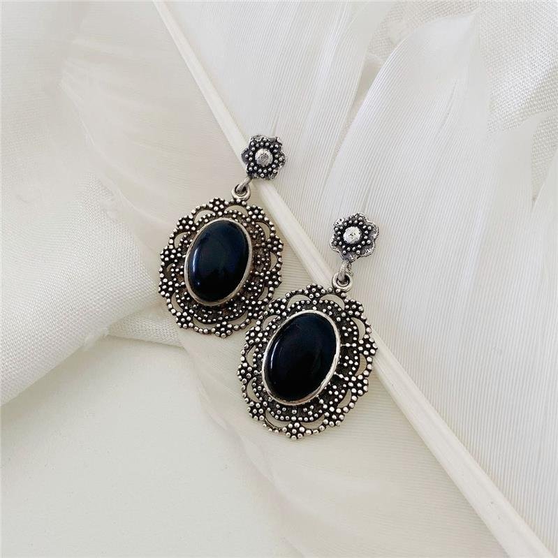 BRINCO PRATA 925 PENDURADO PEDRA NATURAL OVAL FLOR