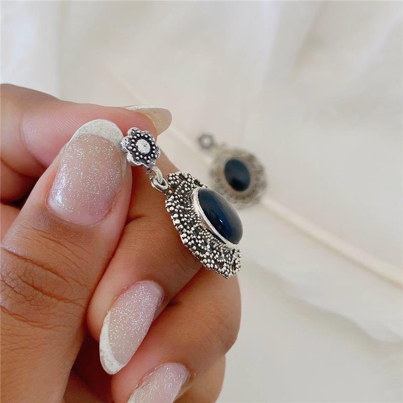 BRINCO PRATA 925 PENDURADO PEDRA NATURAL OVAL FLOR