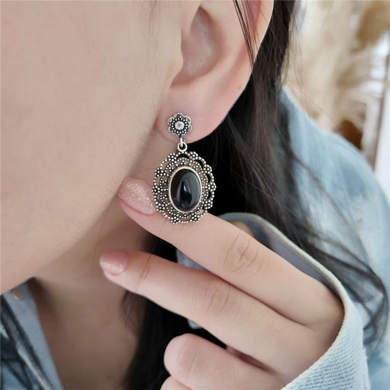 BRINCO PRATA 925 PENDURADO PEDRA NATURAL OVAL FLOR