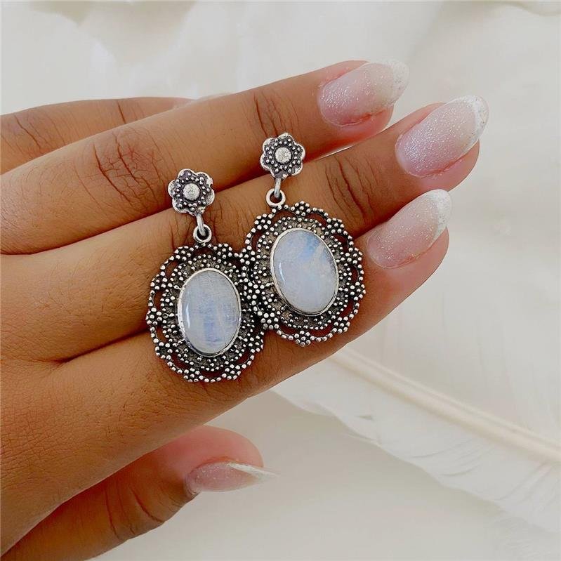 BRINCO PRATA 925 PENDURADO PEDRA NATURAL OVAL FLOR