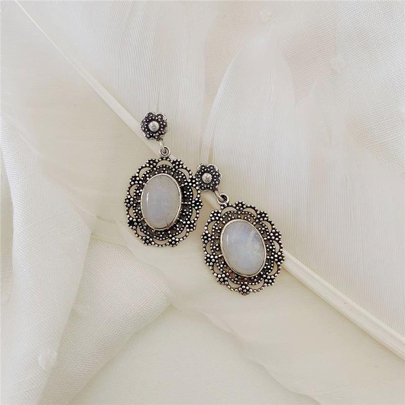 BRINCO PRATA 925 PENDURADO PEDRA NATURAL OVAL FLOR