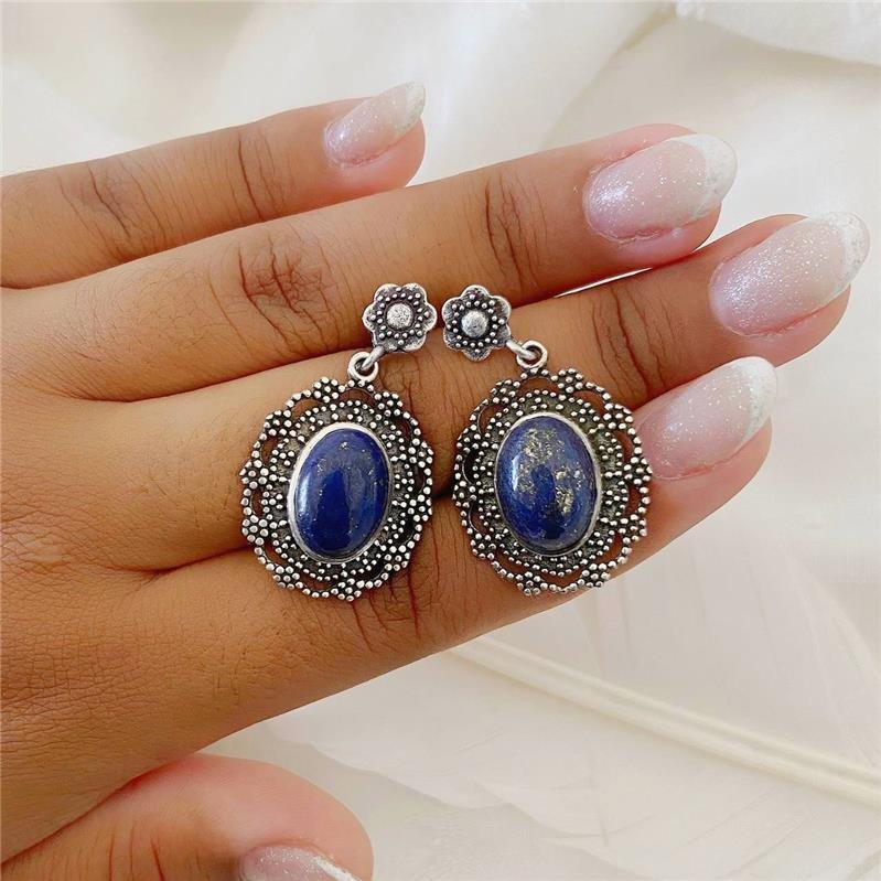 BRINCO PRATA 925 PENDURADO PEDRA NATURAL OVAL FLOR