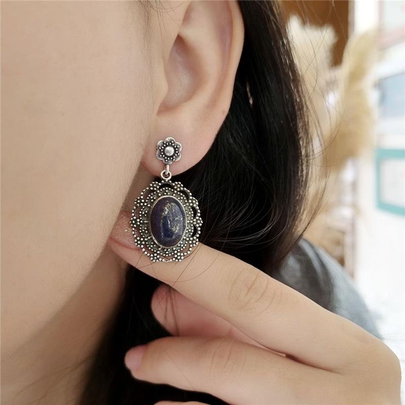 BRINCO PRATA 925 PENDURADO PEDRA NATURAL OVAL FLOR