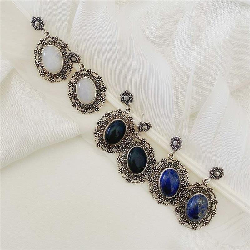 BRINCO PRATA 925 PENDURADO PEDRA NATURAL OVAL FLOR